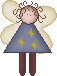 Pixelated angel figure with light brown curly hair, beige wings, blue dress with yellow stars, and dark red legs against gray background.