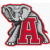 Static pixelated icon of a gray elephant mascot standing behind a large red letter A with white outline on light background.