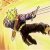 Pixelated figure in dynamic pose against yellow gradient background, wearing dark pants and purple top with brown accents.