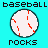baseball-themed icons with red stitching on white balls, each labeled 'rocks' below and 'baseball' above in black text with yellow accents