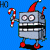 Pixelated robot with red Santa hat holds candy cane, blue background, mouth alternates between and solid black lines, text above reads 'HO', 'HO-HO', 'HO-HO-HO'