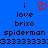 Blue background with black pixelated text and a red heart symbol, showing 'i love brixo spiderman' repeated twice.