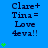 Blue background with repeated text "Clare+ Tina= Love 4eva!!" and green heart symbols in a