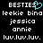 Pixelated text and symbols on black background with cyan heart symbol replacing 'i' in 'BESTIES'.