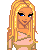 Pixelated cartoon character with long blonde hair, blue eyes, and a pink top; black skirt with white text; partial view of legs in black boots.