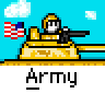 Animated pixel art contact sheet showing a tank-mounted soldier firing across 20 frames with yellow muzzle flashes and American flag backgrounds.