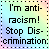 Two side-by-side pixelated text with rainbow gradient backgrounds and dotted borders displaying 'I'm anti-racism! Stop Discrimination.'