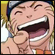Pixelated cartoon-style face with wide open mouth, closed eyes, and hand near cheek in a laughing pose.