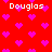 Red background with repeating pink heart shapes and white text reading "Douglas" in four locations.