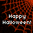 Pixelated red spiderweb background with white text reading "Happy Halloween!" in four , one blank gray
