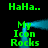 Green pixelated text 'HaHa..' and 'My Icon Rocks' arranged in a with cyan light effects on black background