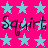 A 48x48 pixel animated contact sheet showing two frames of a buddy icon with the word "Squirt" in cursive script, featuring star patterns on pink and cyan backgrounds.