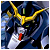 Pixelated static image of a Gundam-style robot with golden head antennae, dark blue armor, white chest, and red mouthpiece against a dark blue background.