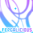 Animated pattern of purple and blue curved shapes with scattered plus signs, repeated text "FERGALICIOUS" in cyan below each