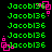 Green text 'Jacobi36' repeated on black background with pink square-shaped animations at corners.
