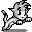 Pixelated character with spiky hair and large eyes in six sequential poses showing movement from crouched to standing.