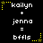Pixelated text displays 'kailyn + jenna = bffls' with yellow star decorations on a black background, showing animation changes in star positions.