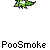 Green leaf-shaped character with orange eyes and white belly, displayed in multiple poses with 'PooSmoke' text below each instance on gray background.