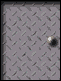 Pixelated grayscale animation of a face partially visible behind a diamond-plate metal , with sequential changes in facial expression and position