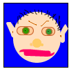 A cartoon face with green eyes, brown eyebrows, and a yellow nose displays changing mouth expressions against a blue background.