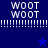 Blue background with white 'WOOT WOOT' text repeated twice per quadrant, separated by dotted lines; two blue stars appear in lower quadrants.