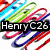 Colorful paperclips in red, green, blue, purple, and white arranged diagonally on a white background with text "Henry C26" below.
