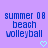 Pixelated blue text on purple background reads 'summer 08 beach volleyball' with two cyan heart icons below.