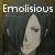 Pixelated image of a person's face with dark hair and closed eyes, overlaid by white text reading 'Emolisious' on a muted background.