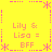 Yellow background with pink pixelated border elements and repeated text 'Lily & Lisa = BFF' in orange-pink font across four quadrants.