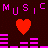 Pixelated graphic with dark brown background featuring repeated pink 'MUSIC' text, red hearts, and horizontal equalizer bars.