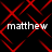 Black background with red geometric lines forming a repeating pattern, four instances of the word 'matthew' in white pixelated text arranged in two