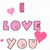 Pixelated pink text 'I LOVE YOU' with heart symbols, a pink heart, and a pink lip print on white background.