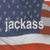A split-frame contact sheet showing two distinct animated frames: left frame with American flag background and "jackass" text, right frame with skull-and-crossbones symbol on black background.