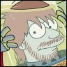 Cartoon character with light brown hair, wide eyes, and a thick brown beard, holding a blue and green object against a yellow background.