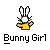 Pixel art bunny with white face and black ears wearing yellow shirt, standing on gray background with 'Bunny Girl' text below.