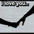 Pixelated image with 'I love you' text above a black curved shape on light gray background.