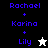 Blue text lists names with plus signs above a star symbol, displayed on black and white backgrounds.
