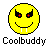 Static pixel art icon of a yellow smiley face with demonic features and the text "Coolbuddy" below it on a gray background.
