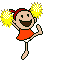 Pixelated cheerleader in red dress with yellow pom-poms, shown in multiple poses against gray background.