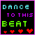 Pixelated text 'DANCE TO THIS BEAT' in cyan, purple, and green on black background with four red hearts below.
