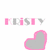 Pixelated pink and gray text 'KISSY' above two heart shapes with alternating color fills, one static and one animated.