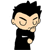 Pixelated cartoon character with black spiky hair and black shirt, showing sequential facial expressions from neutral to angry