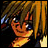 Pixelated anime-style character with brown hair and blue eyes, side profile against black background with white text.