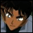 A 48x48 pixel buddy icon featuring a split composition with an anime character on the left and stylized text on the right against a black background.