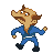 Pixel art character in blue jumpsuit with white belt, brown hair, mustache, and large nose, shown in multiple walking and pointing poses.