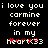 Pixelated text on black background reads 'i love you carmine forever in my heartx33' with red star-like symbols replacing parts of the word 'heart'.