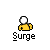 Pixel art icon of a character with a white helmet and blue hands, labeled 'Surge' in red text, with background variations including gray, black, and purple elements.