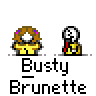 Pixel art contact sheet showing two animated frames of a cartoon character with brown hair and purple accents, paired with a smaller stick figure in yellow clothing against gray background.