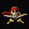 Animated pirate skull with red bandana, crossed swords and bones on black background, text changes from empty brackets to full Chinese characters.