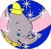 Gray elephant with blue eyes wears yellow hat and golden collar, set against pink-and-blue circular background with white starbursts.